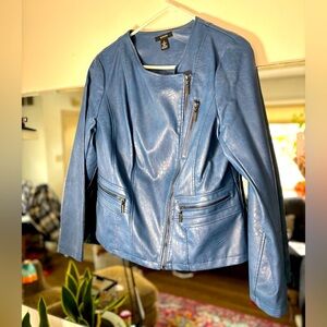 Alfani Steel Blue Moto Faux Leather Off Center Zip Front LS Lined Jacket Size M